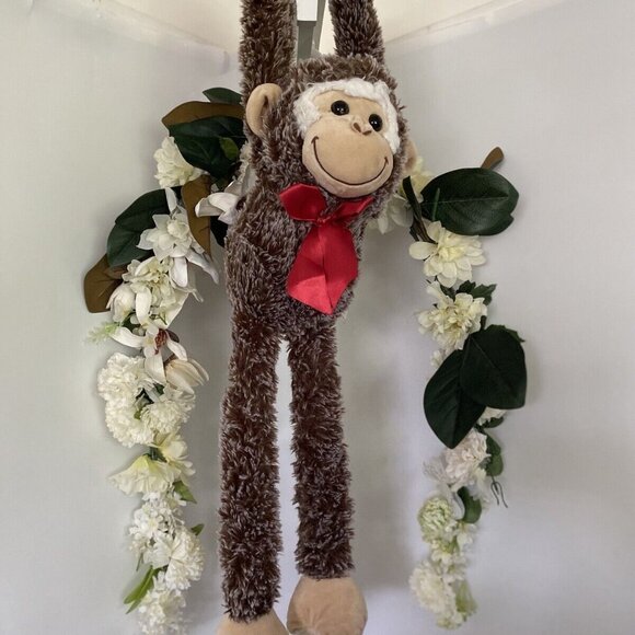Vintage Pier One 1‎ Imports Brown Hanging Monkey Plush Poseable Animal 26" Bow - Picture 15 of 16